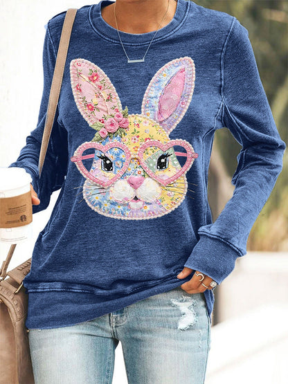 Women's Easter Floral Bunny Patchwork Print Casual Sweatshirt