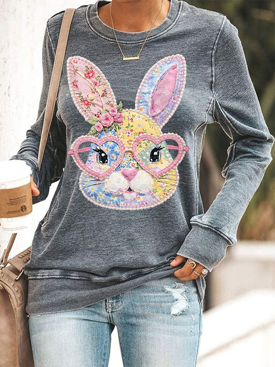 Women's Easter Floral Bunny Patchwork Print Casual Sweatshirt