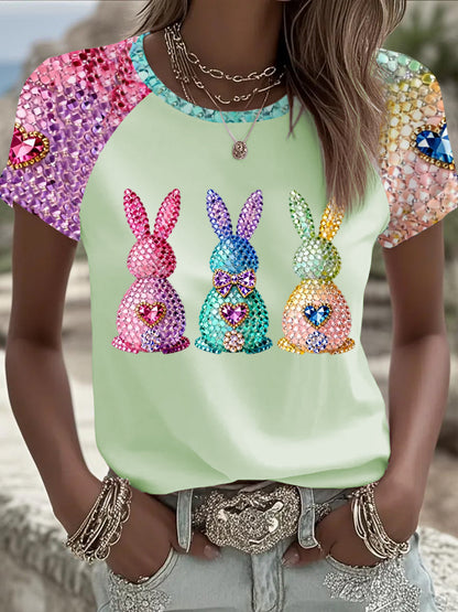 Women's Easter Bunny Art Round Neck Short Sleeve T-shirt