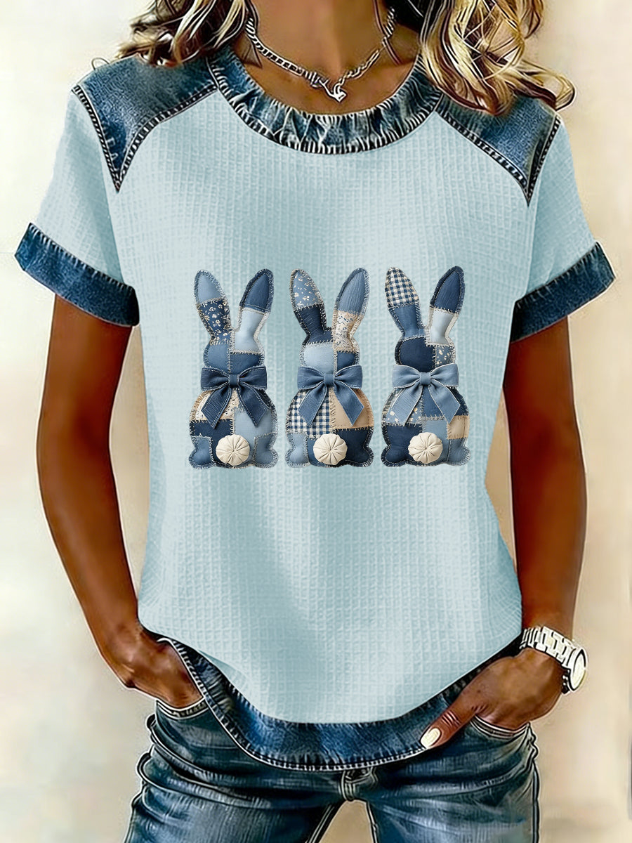 Women's Easter Bunny Art Patchwork Print Casual Short Sleeved T-Shirt