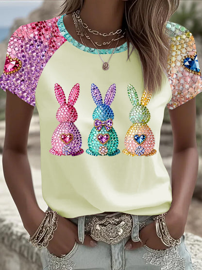 Women's Easter Bunny Art Round Neck Short Sleeve T-shirt