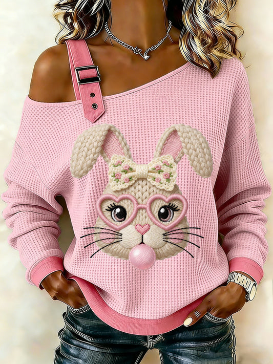 Women's Easter Bunny Printed One Shoulder Waffle Casual Sweatshirt