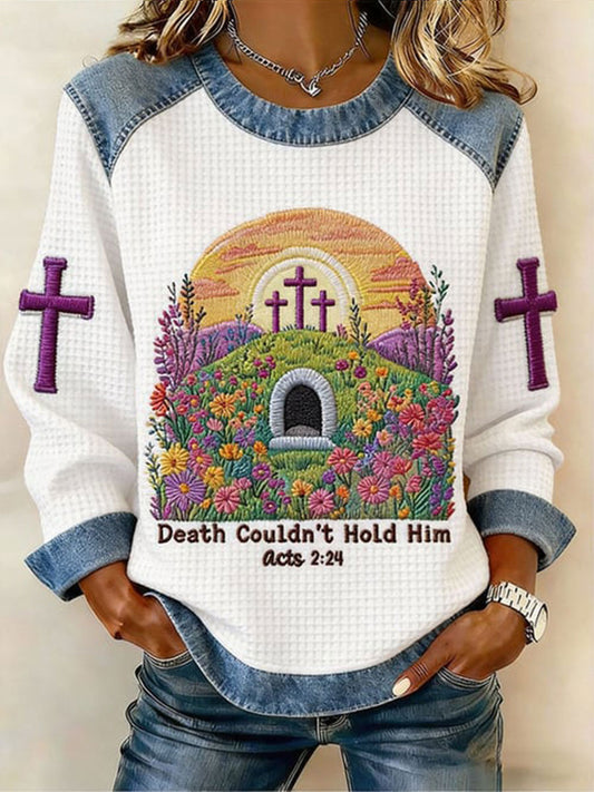 Women's Death Couldn't Hold Him Waffle Denim Patchwork Top