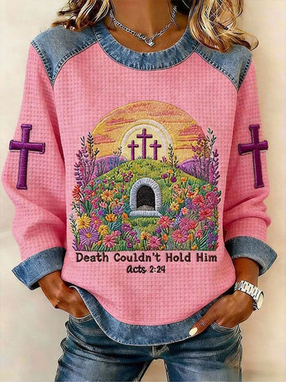 Women's Death Couldn't Hold Him Waffle Denim Patchwork Top
