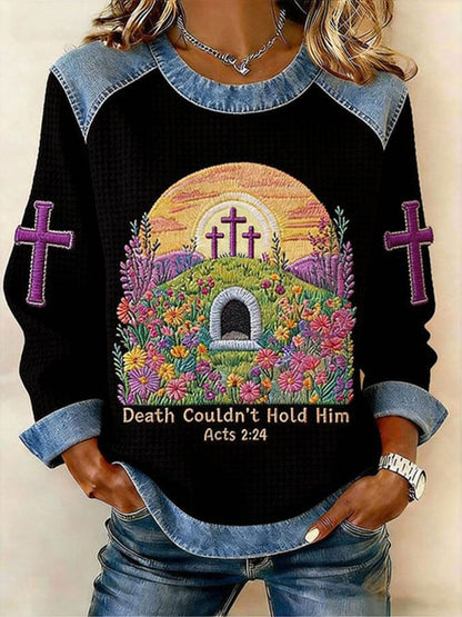 Women's Death Couldn't Hold Him Waffle Denim Patchwork Top
