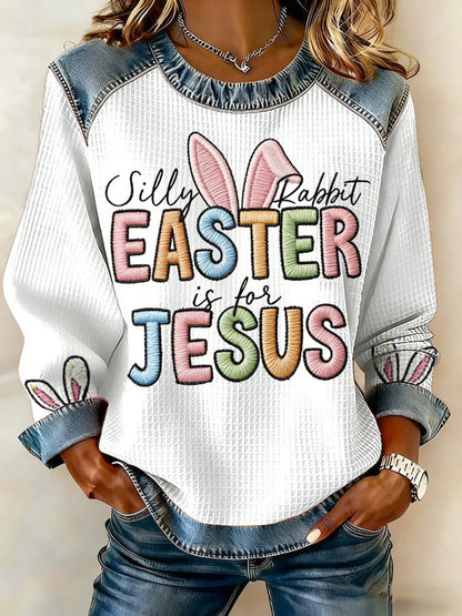 Women's Silly Rabbit Easter Is For Jesus Waffle Denim Patchwork Top