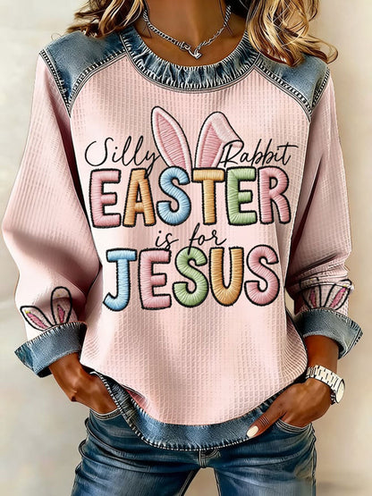 Women's Silly Rabbit Easter Is For Jesus Waffle Denim Patchwork Top