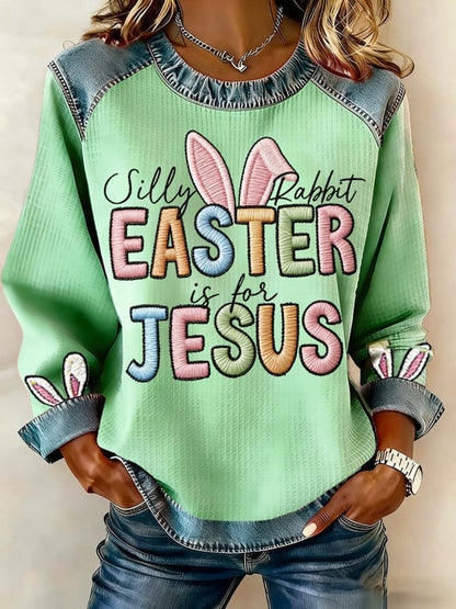 Women's Silly Rabbit Easter Is For Jesus Waffle Denim Patchwork Top