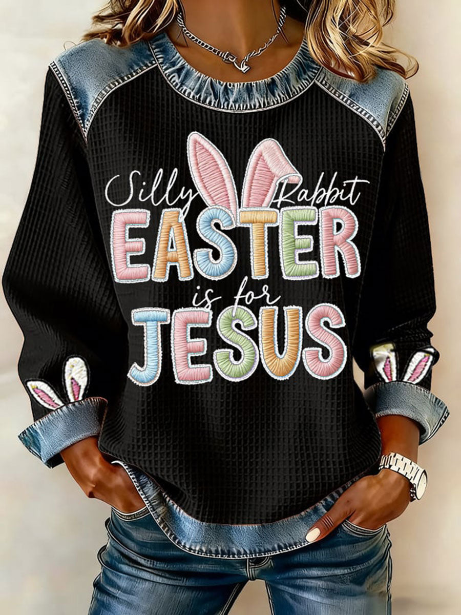 Women's Silly Rabbit Easter Is For Jesus Waffle Denim Patchwork Top