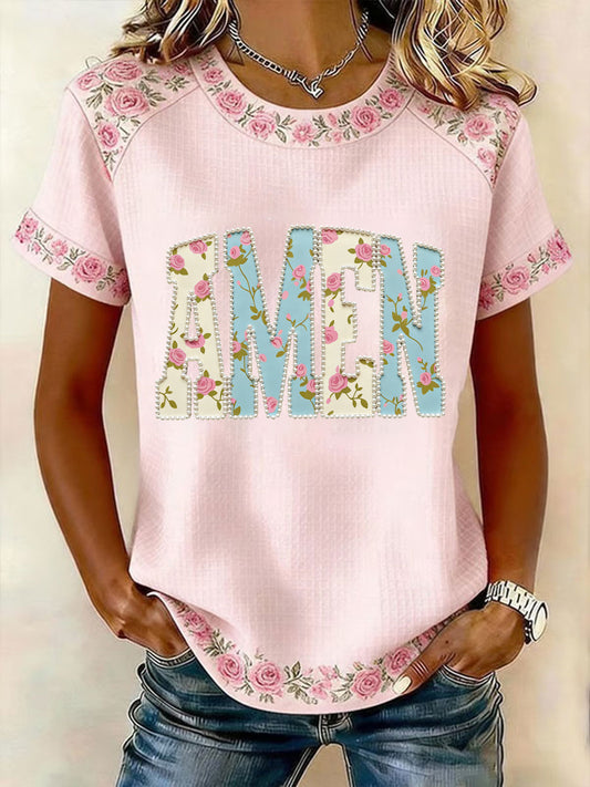 Women's Easter Floral Christian Amen Pearls Patchwork Print Casual Short Sleeved T-Shirt
