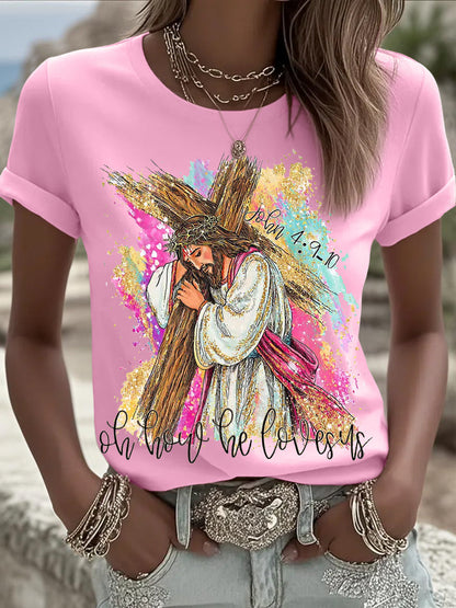 Women's Oh How He Loves Us Christian Easter Print Casual Tee