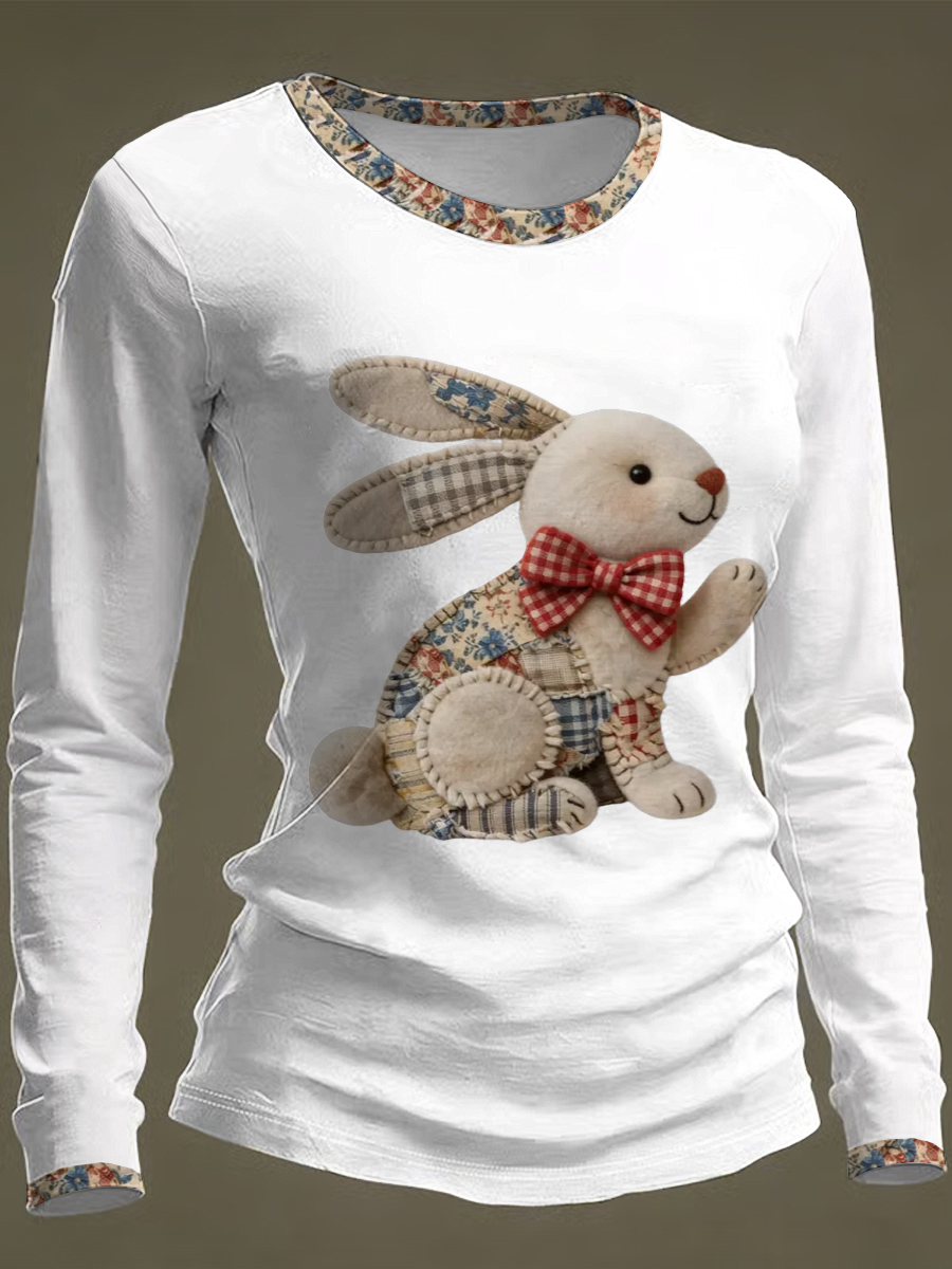 Women's Bunny Easter Round neck long sleeve T-shirt