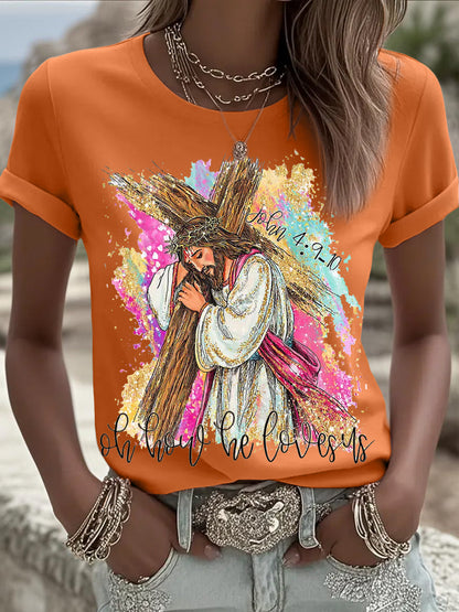 Women's Oh How He Loves Us Christian Easter Print Casual Tee