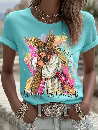 Women's Oh How He Loves Us Christian Easter Print Casual Tee
