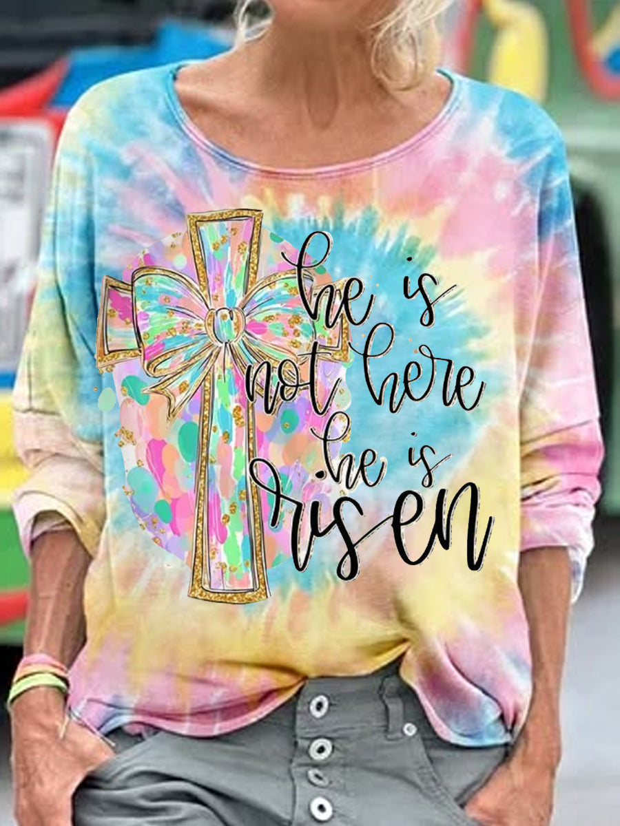 Women's He Is Not Here He Is Risen Christian Easter Print Casual Long-Sleeve Top