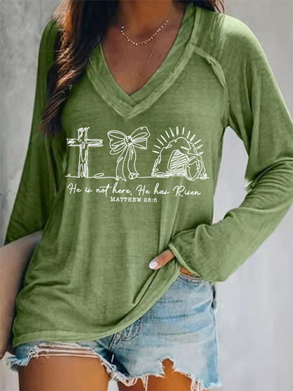 Women's He Is Not Here He Has Risen Matthew 28:6 Easter Christian Print Casual Long-Sleeve V-Neck T-Shirt