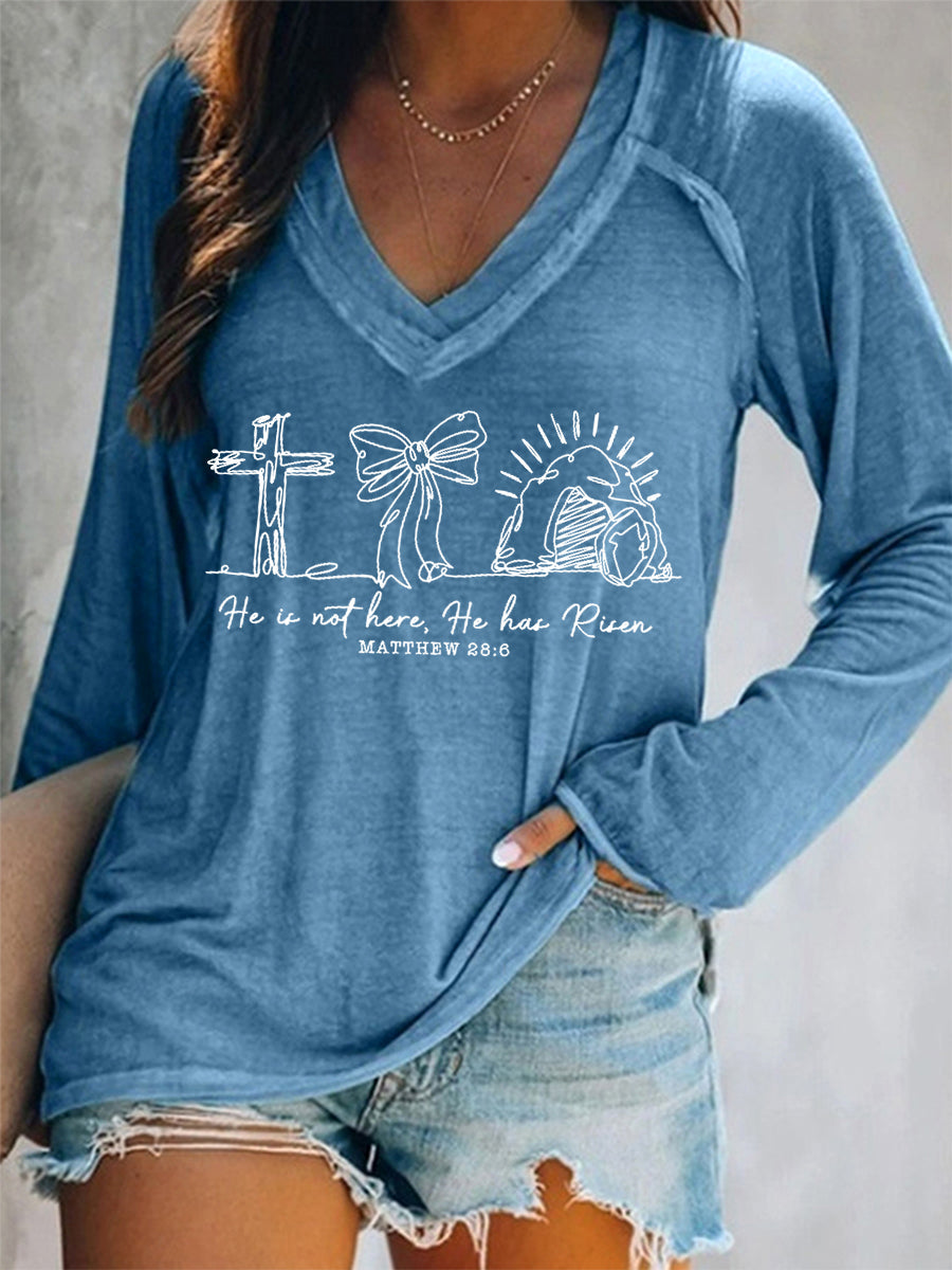 Women's He Is Not Here He Has Risen Matthew 28:6 Easter Christian Print Casual Long-Sleeve V-Neck T-Shirt