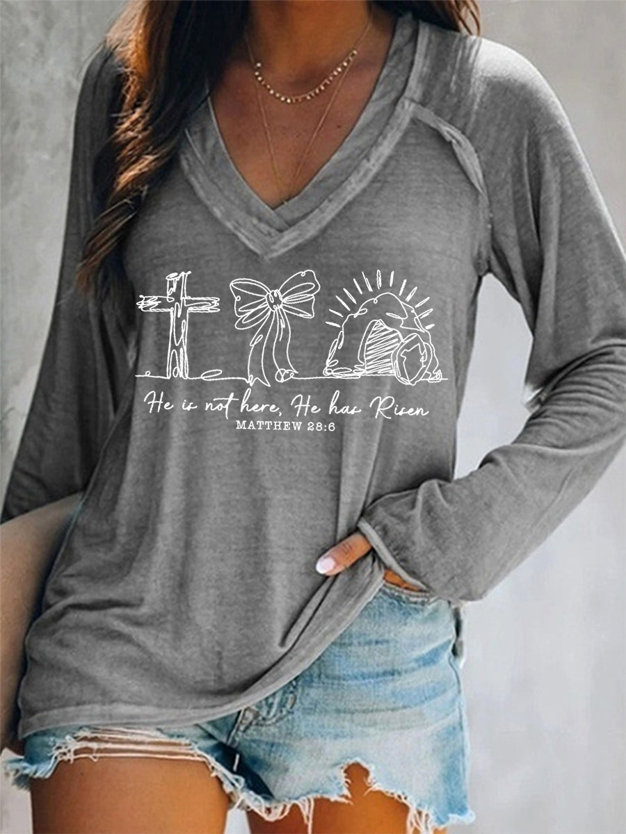 Women's He Is Not Here He Has Risen Matthew 28:6 Easter Christian Print Casual Long-Sleeve V-Neck T-Shirt