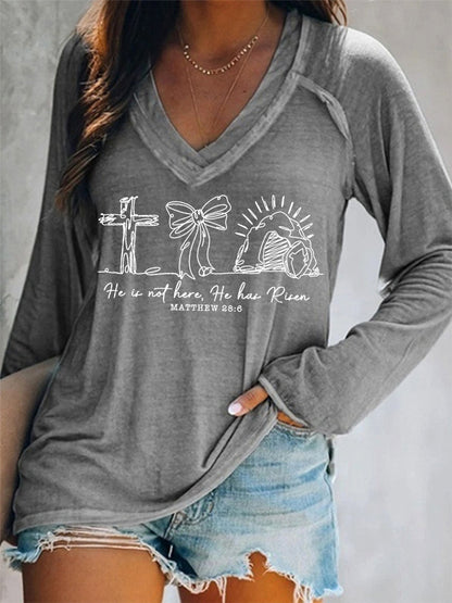 Women's He Is Not Here He Has Risen Matthew 28:6 Easter Christian Print Casual Long-Sleeve V-Neck T-Shirt