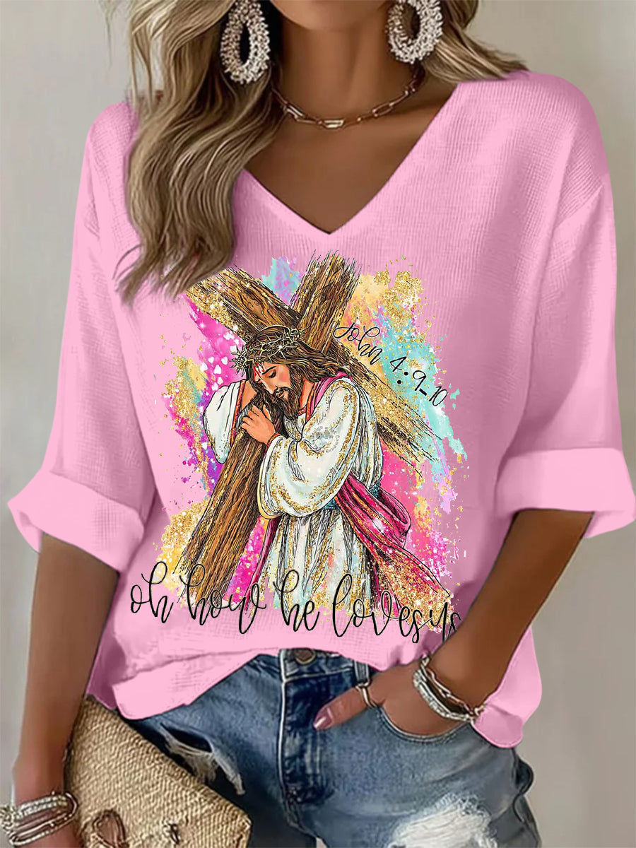 Women's Oh How He Loves Us Christian Easter Print Casual Long-Sleeve Waffle T-shirt
