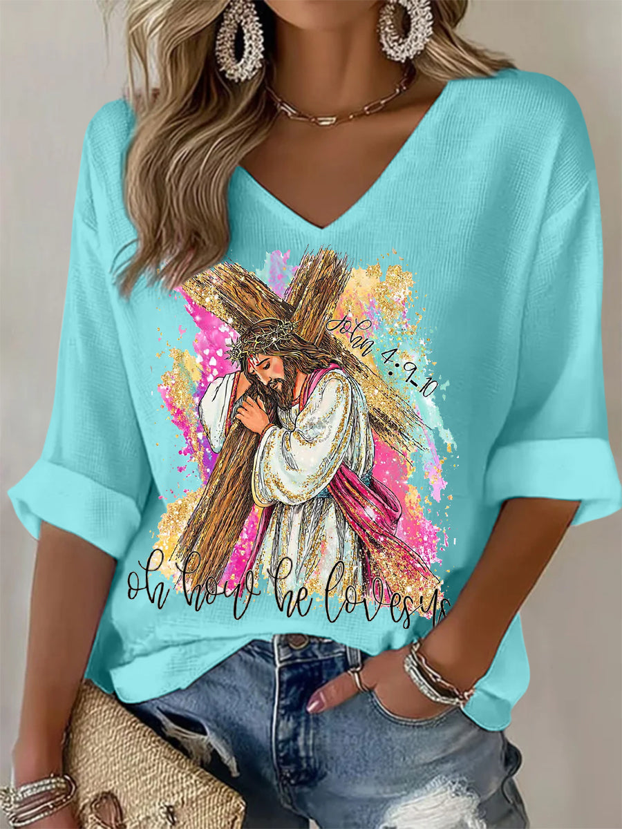 Women's Oh How He Loves Us Christian Easter Print Casual Long-Sleeve Waffle T-shirt