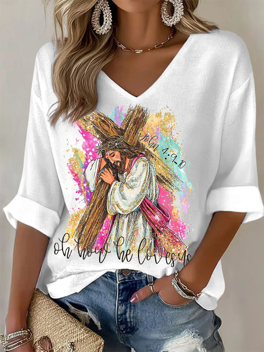 Women's Oh How He Loves Us Christian Easter Print Casual Long-Sleeve Waffle T-shirt