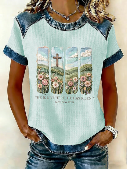 Women's  Christian Easter He is not here he has risen Matthew 28:6 Waffle Patchwork Short Sleeved T-Shirt