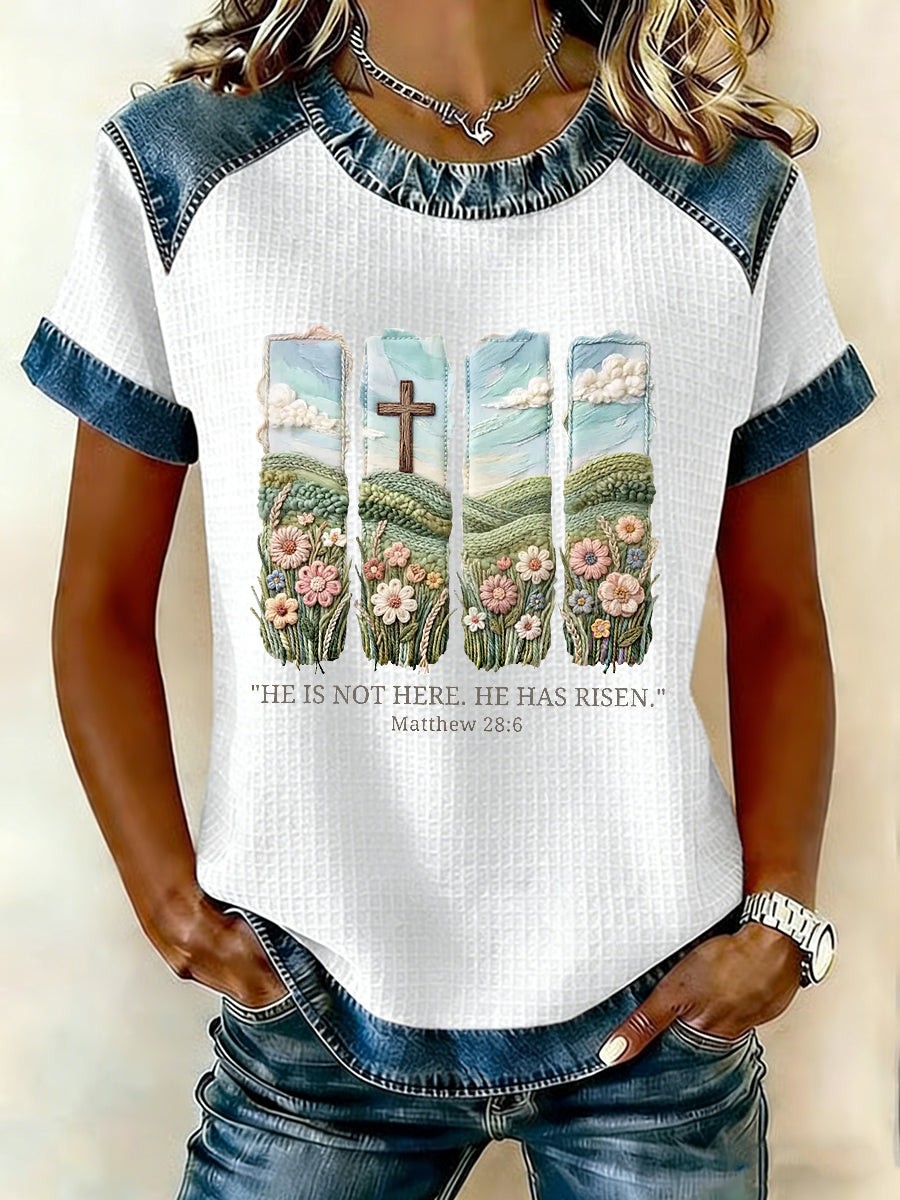 Women's  Christian Easter He is not here he has risen Matthew 28:6 Waffle Patchwork Short Sleeved T-Shirt