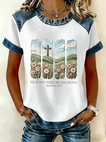 Women's  Christian Easter He is not here he has risen Matthew 28:6 Waffle Patchwork Short Sleeved T-Shirt