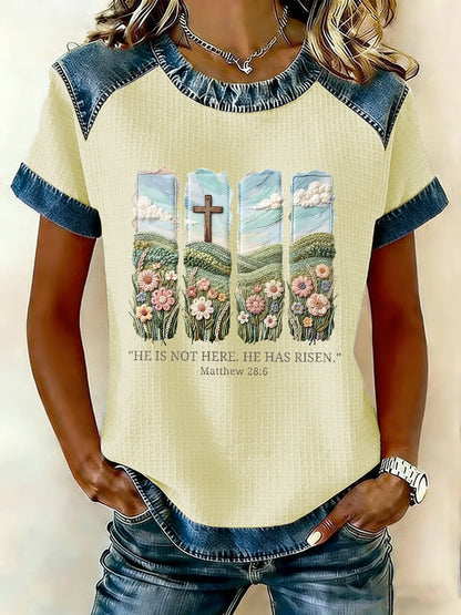 Women's  Christian Easter He is not here he has risen Matthew 28:6 Waffle Patchwork Short Sleeved T-Shirt