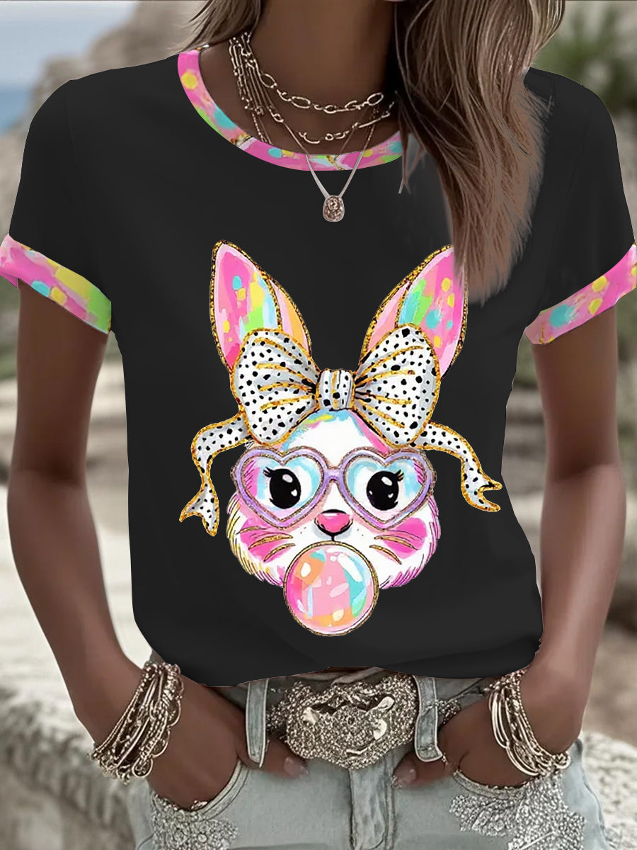 Women's Cute Glitter Easter Bunny Coquette Short Sleeve T-shirt