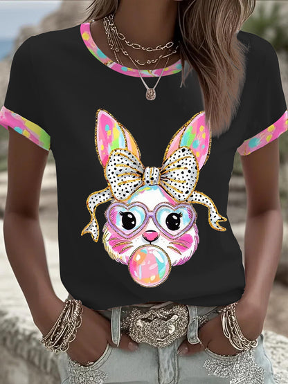 Women's Cute Glitter Easter Bunny Coquette Short Sleeve T-shirt
