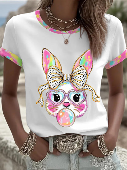 Women's Cute Glitter Easter Bunny Coquette Short Sleeve T-shirt