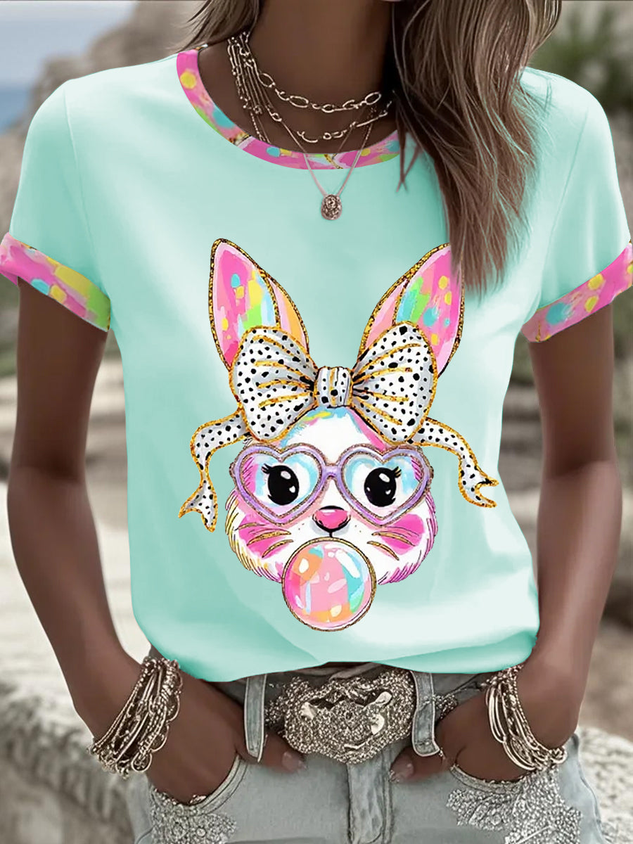 Women's Cute Glitter Easter Bunny Coquette Short Sleeve T-shirt
