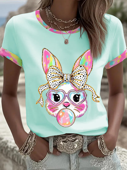 Women's Cute Glitter Easter Bunny Coquette Short Sleeve T-shirt