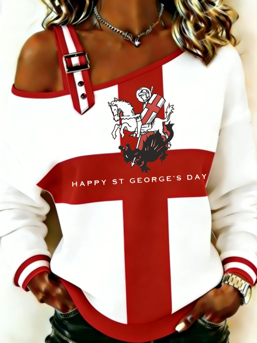 Women's Vintage Cat Patchwork Print Casual Off-Shoulder Sweatshirt