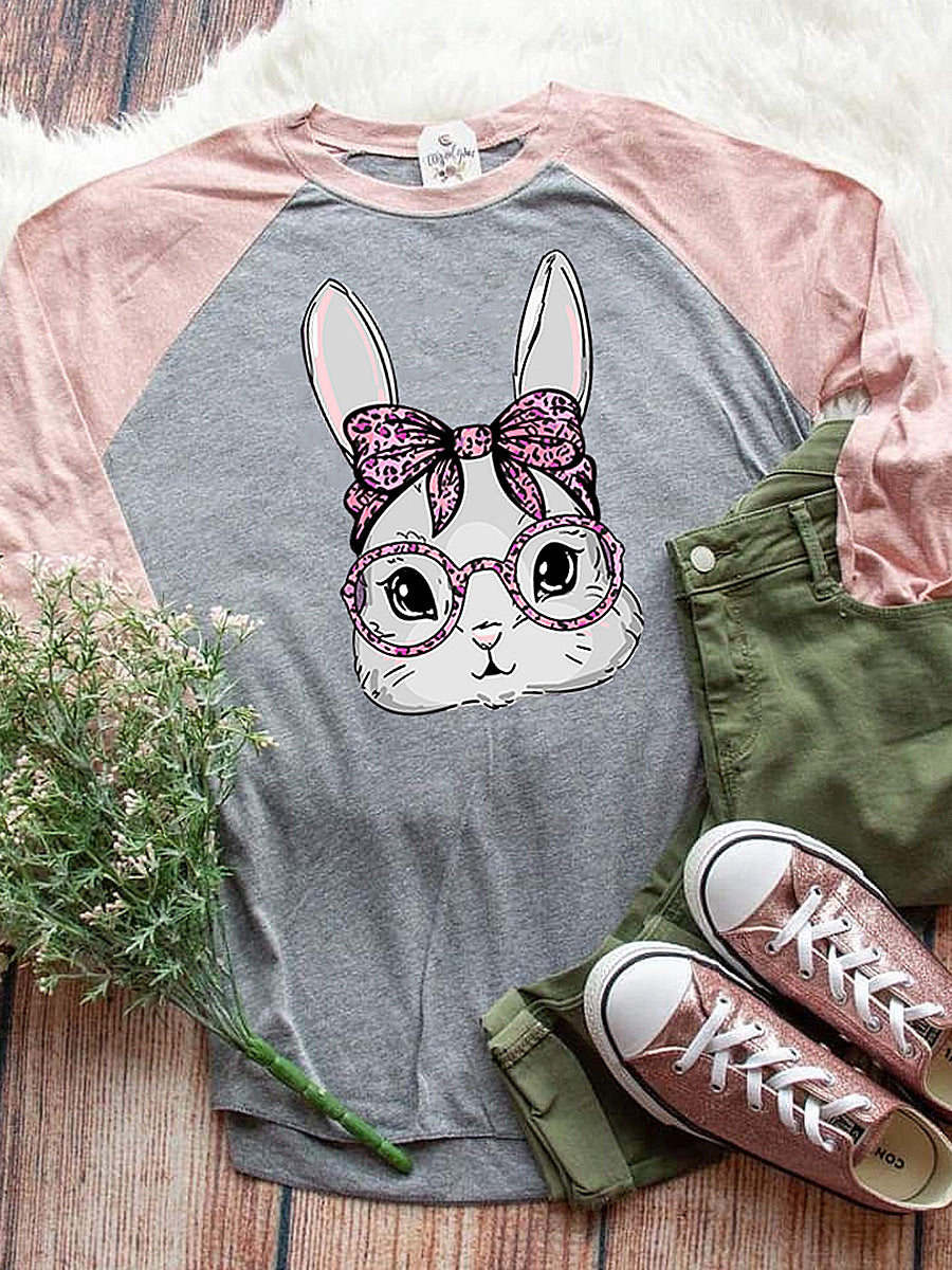 Women's Easter Bunny Printed Shoulder Length Contrasting Long Sleeved T-shirt