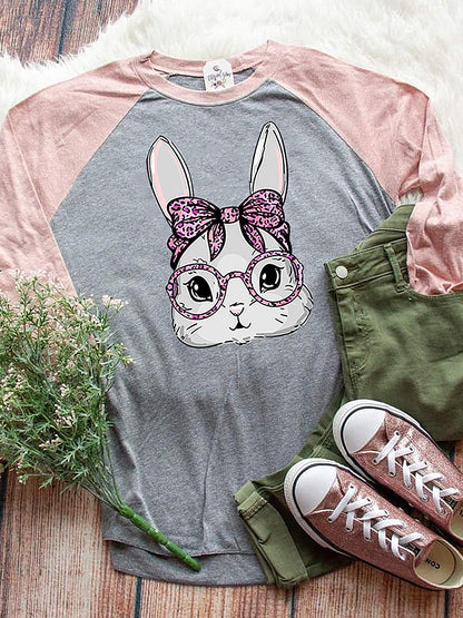 Women's Easter Bunny Printed Shoulder Length Contrasting Long Sleeved T-shirt