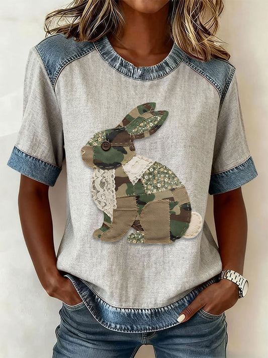 Women's Camouflage Patchwork Rabbit Cotton Linen Denim T-shirt