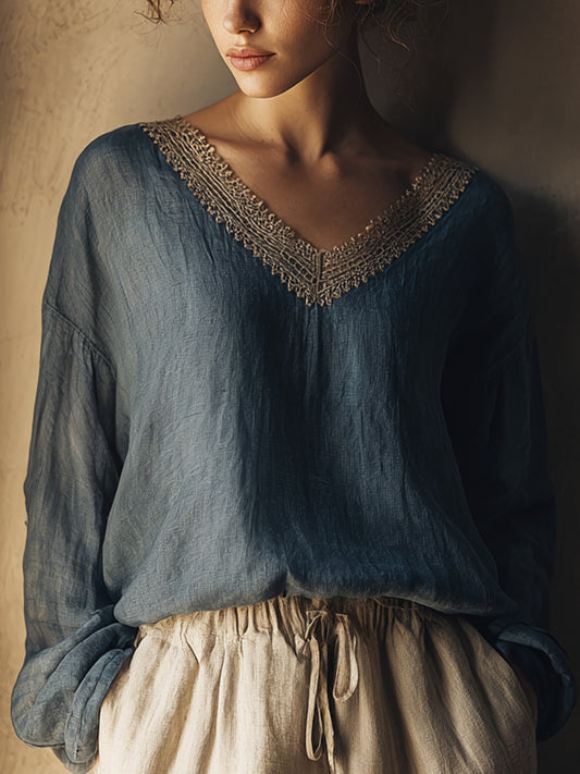 Women's Vintage Lace Patchwork Linen Shirt