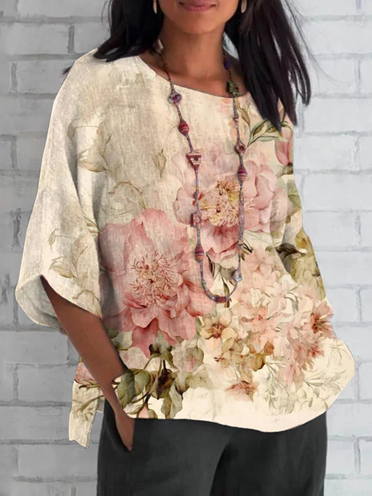 Women's Vintage Floral Cotton And Linen Top