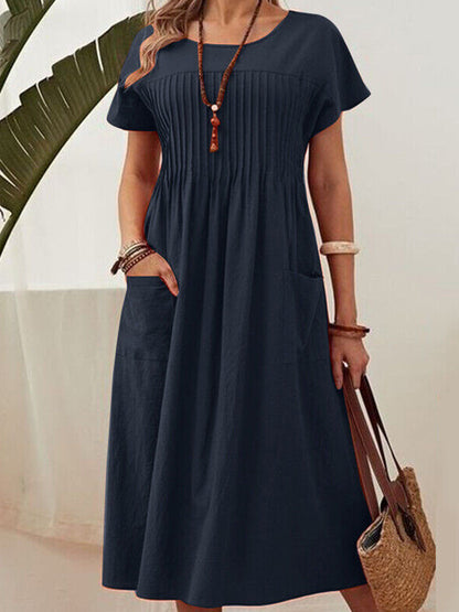 Women's Solid Color Round Neck Pocket Pleated Short Sleeve Cotton Linen Dress