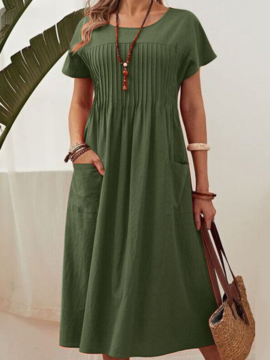 Women's Solid Color Round Neck Pocket Pleated Short Sleeve Cotton Linen Dress