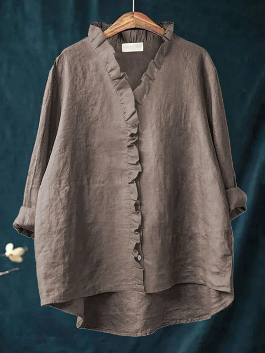 Women's Casual Cotton And Linen Ruffle Shirt