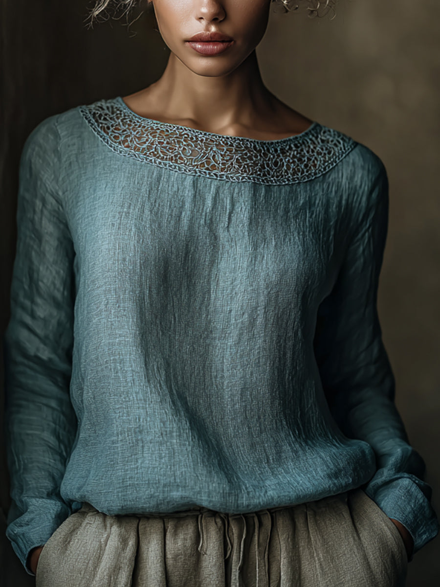 Women's Elegant Lace Patchwork Linen Shirt