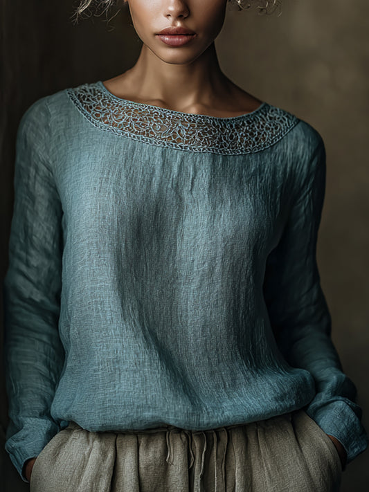 Women's Elegant Lace Patchwork Linen Shirt