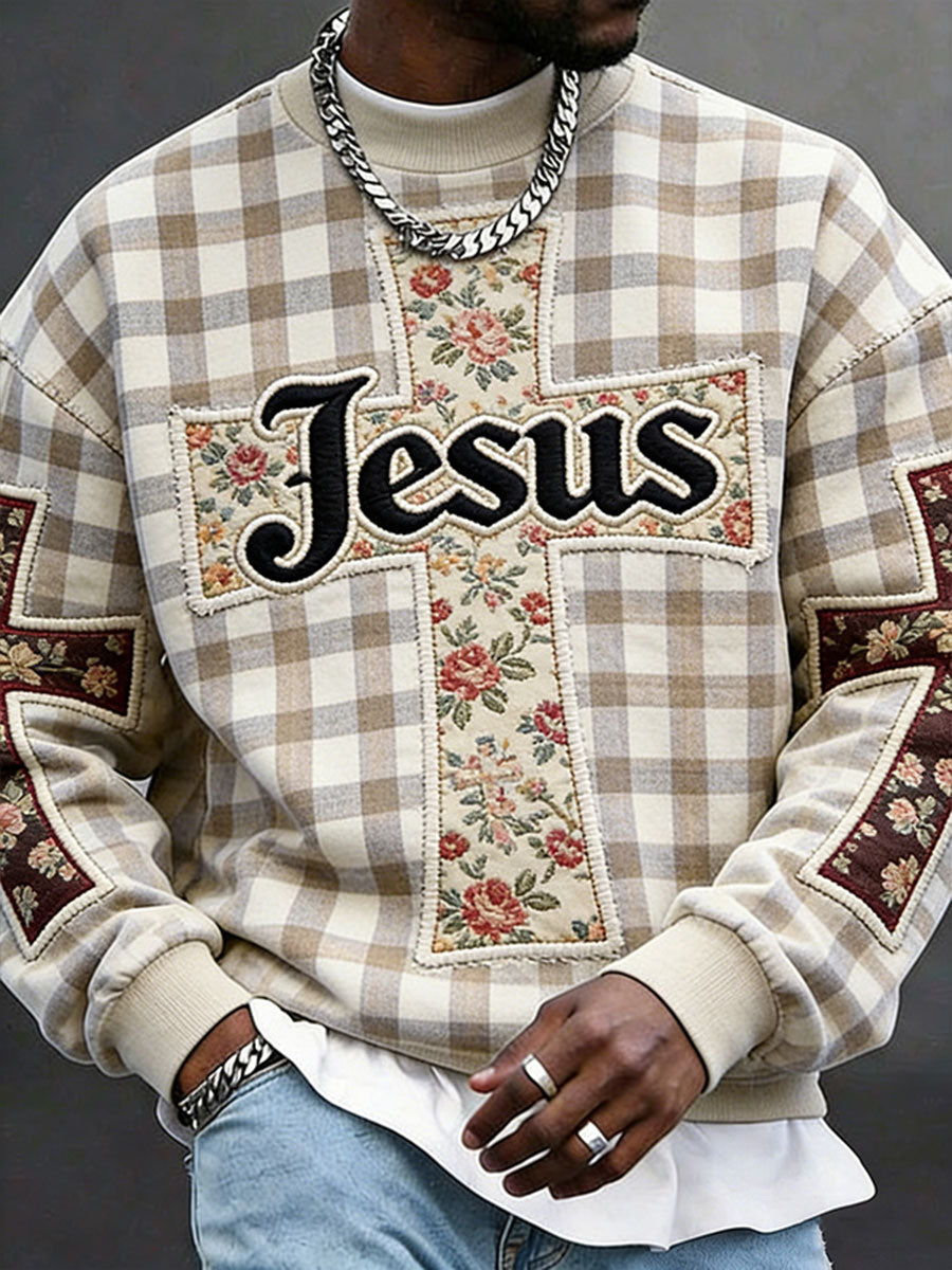 Men's Jesus Patchwork Flowers Crew Neck Sweatshirt