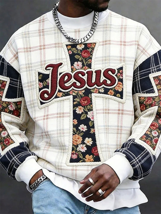 Men's Jesus Patchwork Flowers Crew Neck Sweatshirt