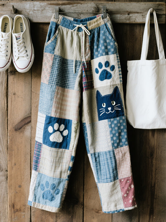 Women's Lovely Cat Pattern Patchwork Art Linen Blend Pants