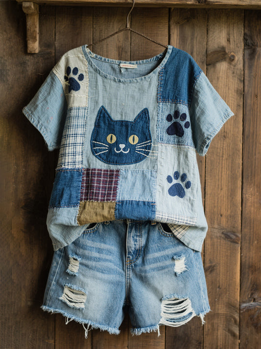 Women's Lovely Cat Pattern Patchwork Art Linen Blend Shirt